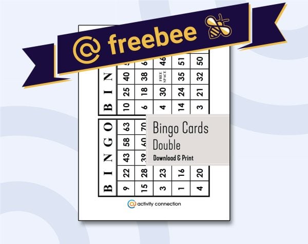 Double card printable bingo cards written in black on top of mushroom color placed on top of a bingo card with AC Freebee banner above.