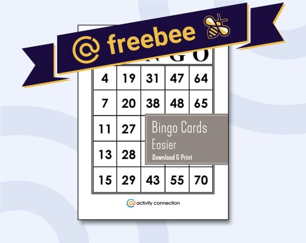 Easier printable bingo card in black and white with AC Freebee banner above.