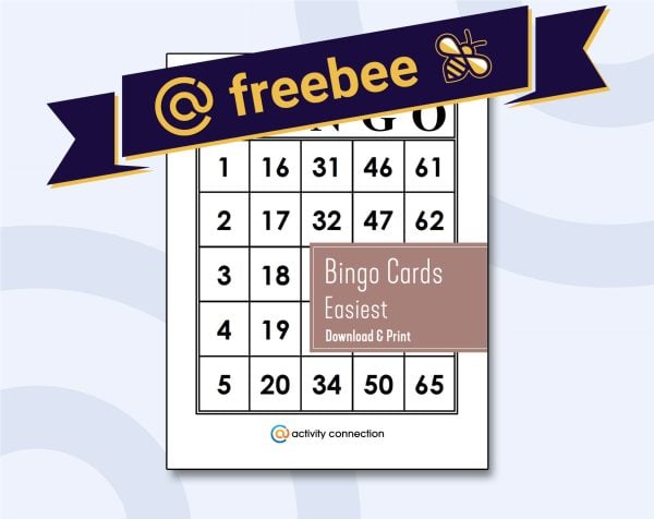 Easiest printable bingo card written in white on top of thatch color placed on top of a bingo card with AC Freebee banner above.