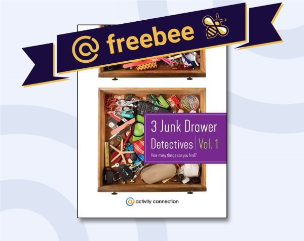 Junk Drawer Detectives volume 1 free puzzles for seniors product image showing a rummage drawer full of trinkets to search for.