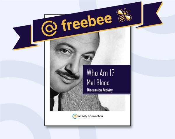 Who Am I-Mel Blanc in white on top of Russian Violet color placed on top of a photo of Mel Blanc with AC Freebee banner above.