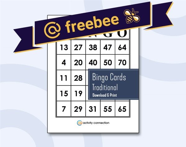 Traditional printable bingo card in black and white with AC Freebee banner above.